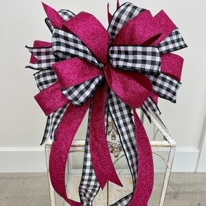 Handmade Pink checkered Valentines Bow, Pink Valentines Bow for Wreath